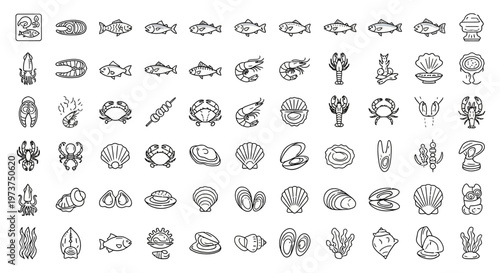 Collection of ocean animal and plant icons.