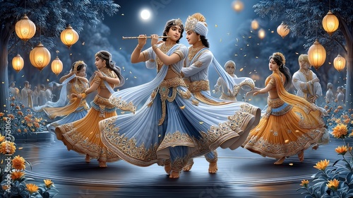 Moonlit flute dance scene for cultural festival poster