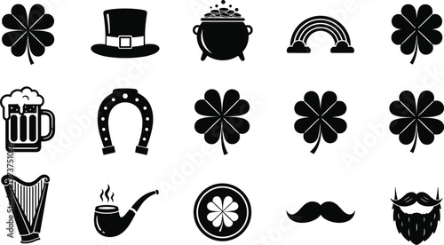 Cad drawing flat vector illustration of St. Patrick's Day icons set including shamrock clovers leprechaun hat pot of gold rainbow beer harp horseshoe and pipe