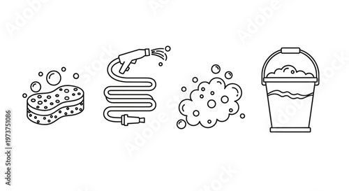 line drawing of cleaning supplies.