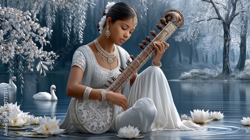 Saraswati Veena Portrait Beside Calm Lake with White Lotus