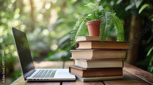 Glorious Close-up of several books stacked on the table light from the back. Notebook computer