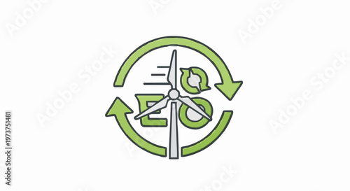 Eco-friendly sustainable energy concept with wind turbine and recycling arrows, representing environmental responsibility and clean power solutions
