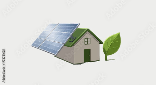 Eco-friendly house with solar panels and green leaf illustration, sustainable energy concept