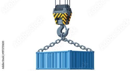 A large blue shipping container being lifted by a crane hook and chain