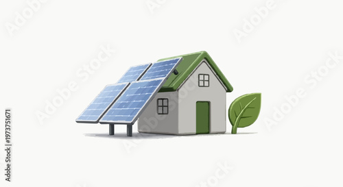 Green energy-powered house with solar panels and a leaf, symbolizing environmental sustainability and eco-friendly living