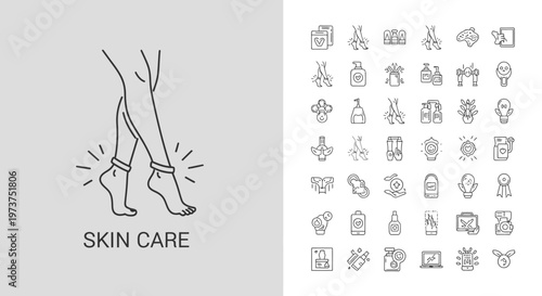 Line art illustration of human legs with "skin care" text, accompanied by a collection of editable line icons representing various beauty and wellness concepts, on a two-tone gray background.