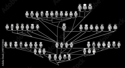 Hierarchical organization chart showing human figures connected in a structured network, representing a team or family tree on a solid black background.
