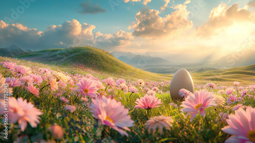 Field of Pink and White Flowers Next to a Hill with an Easter Egg