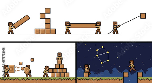 Pixel art characters engaged in building and construction activities with wooden blocks, one character looking at constellations in the night sky, depicting teamwork and discovery.