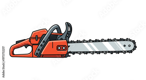 A cartoon illustration of an orange chainsaw with a silver blade on a white background