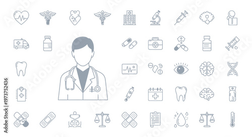Grey Line Icons Set for Medical and Healthcare Concepts, featuring a Doctor and various scientific elements, on a white background.