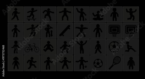 White Silhouette Icons Set Depicting Various Sports and Active Lifestyle Activities on a Dark Background.
