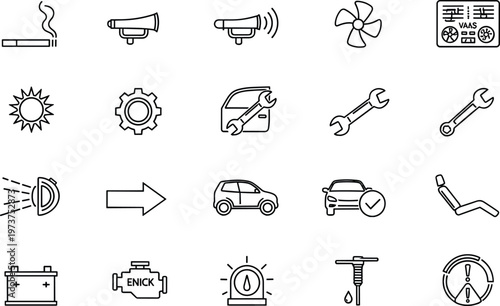 Automotive dashboard icon set featuring car repair symbols, engine diagnostics, battery status, and vehicle maintenance outlines for professional mechanic service designs.