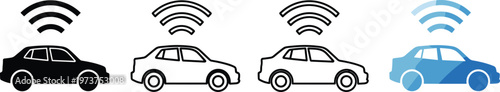 Connected car icon set featuring smart vehicle technology with wireless wifi signal for autonomous driving, transportation telematics, and automotive connectivity solutions.