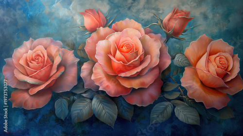 Oil painting of roses and leaves on canvas, triptych botanic print background for interior art