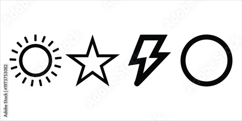 Simple black and white icons sun star lightning and circle