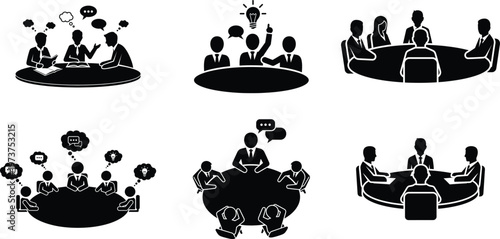 Business brainstorming meeting teamwork discussion icons set, corporate collaboration idea generation communication leadership conference vector silhouettes collection
