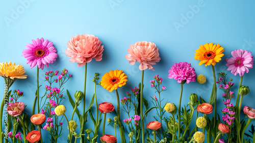 Spring plant concept with colorful fresh flowers on a pastel blue background