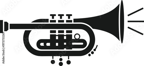 Black trumpet musical instrument silhouette with sound lines, brass fanfare icon, jazz music concept, melody announcement, and creative artistic horn illustration.