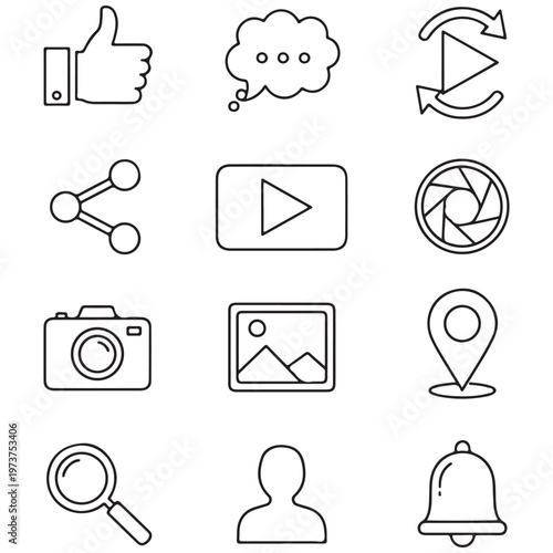 Black and White Line Icons Representing Social Media and Technology