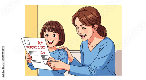 Smiling woman and girl with report card.