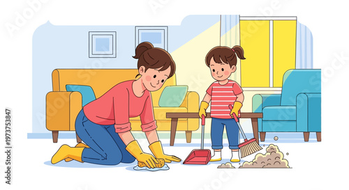 Woman and child cleaning floor together.