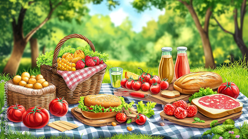 Fresh and Tasty Picnic Spread with Assorted Foods