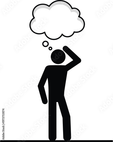 Black stick figure standing in pensive pose with empty thought bubble, person contemplating ideas, solving problems, and brainstorming new creative concepts.