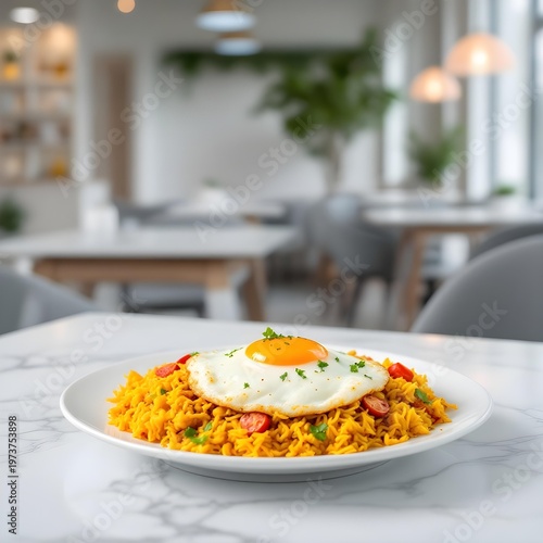 High-quality photography of Indian biriyani on a restaurant background