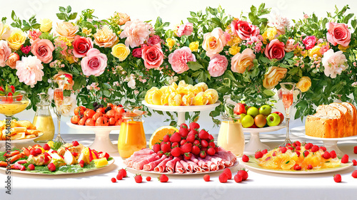 Long table set with food and flowers perfect for elegant dining events