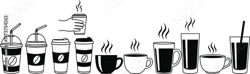 A black and white sketch of various hot and cold beverages in disposable cups and glasses