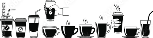 A black and white illustration depicting a variety of coffee and tea cups in a whimsical arrangement