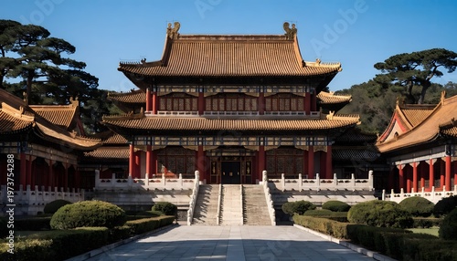 Traditional Asian Palace With Intricate Roof Design High Resolution Photo