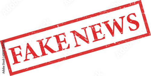 A red grunge rubber stamp icon with the words fake news written in capital letters on white
