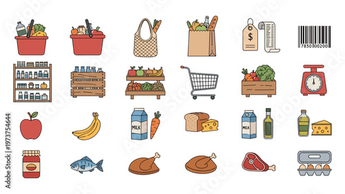 Grocery icons shopping cart basket produce pantry scale receipt barcode fresh market food vector set
