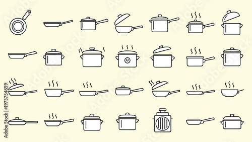 Kitchen cookware and frying pan icons vector illustration set for restaurant menu and home cooking