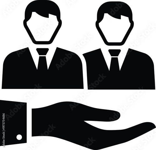 Human resource silhouette, teamwork support illustration, employee management artwork, client service design concept, business care icon, black white corporate symbol