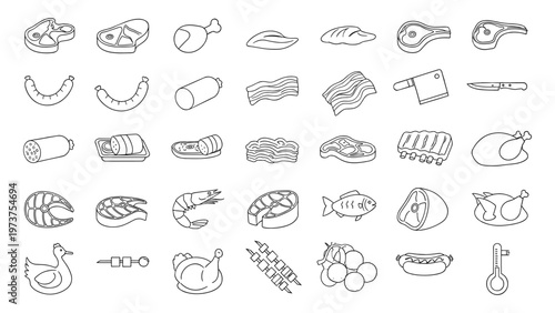 Meat icon set for butcher shop with beef chicken fish and seafood products vector illustration elements