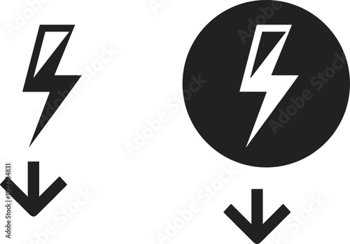 Electric power silhouette, lightning bolt illustration, energy discharge artwork, downward arrow design concept, electricity symbol graphic, black white technology icon