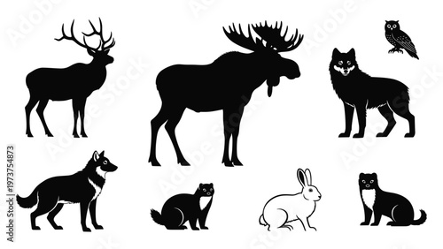 Moose woodland animals deer owl wolf stoat rabbit silhouettes vector set