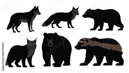 Mammal black wolf fox bear lynx wolverine silhouette set vector icons ai svg eps printable