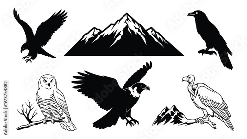 Mountain peaks and predatory birds vector set with eagle owl and vulture silhouettes