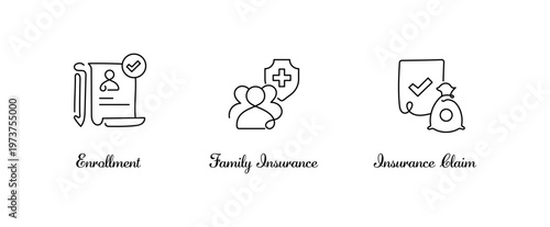 Health insurance enrollment, family insurance coverage, insurance claim process linear icons set, healthcare policy approval, protection benefits, editable stroke outline vector illustration.