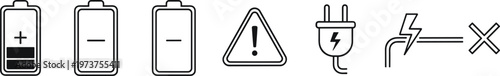 Battery warning silhouettes, electrical safety illustration, power hazard artwork design, energy depletion concept, plug lightning icon, black white danger symbol