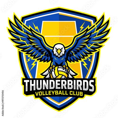 Powerful eagle mascot with majestic spread wings clutching a volleyball, boldly integrated within a heraldic shield emblem. Vibrant illustration for a competitive sports club logo or team
