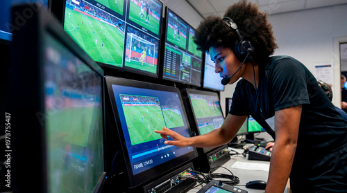 Focused video referee analyzing soccer match replay screens