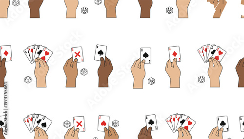 Flat vector illustration of diverse hands holding playing cards and dice showing suits, numbers, and gaming probability concepts