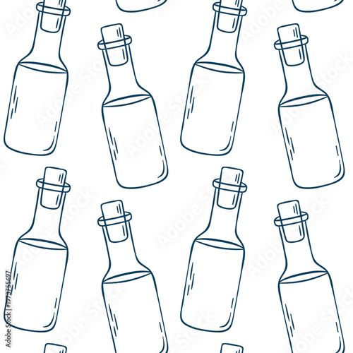 Mediterranean doodle pattern featuring classic oil bottles. Clean sketch repeat for food labels or Spanish restaurant menus