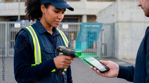 Professional security staff verifying digital ticket with scanner